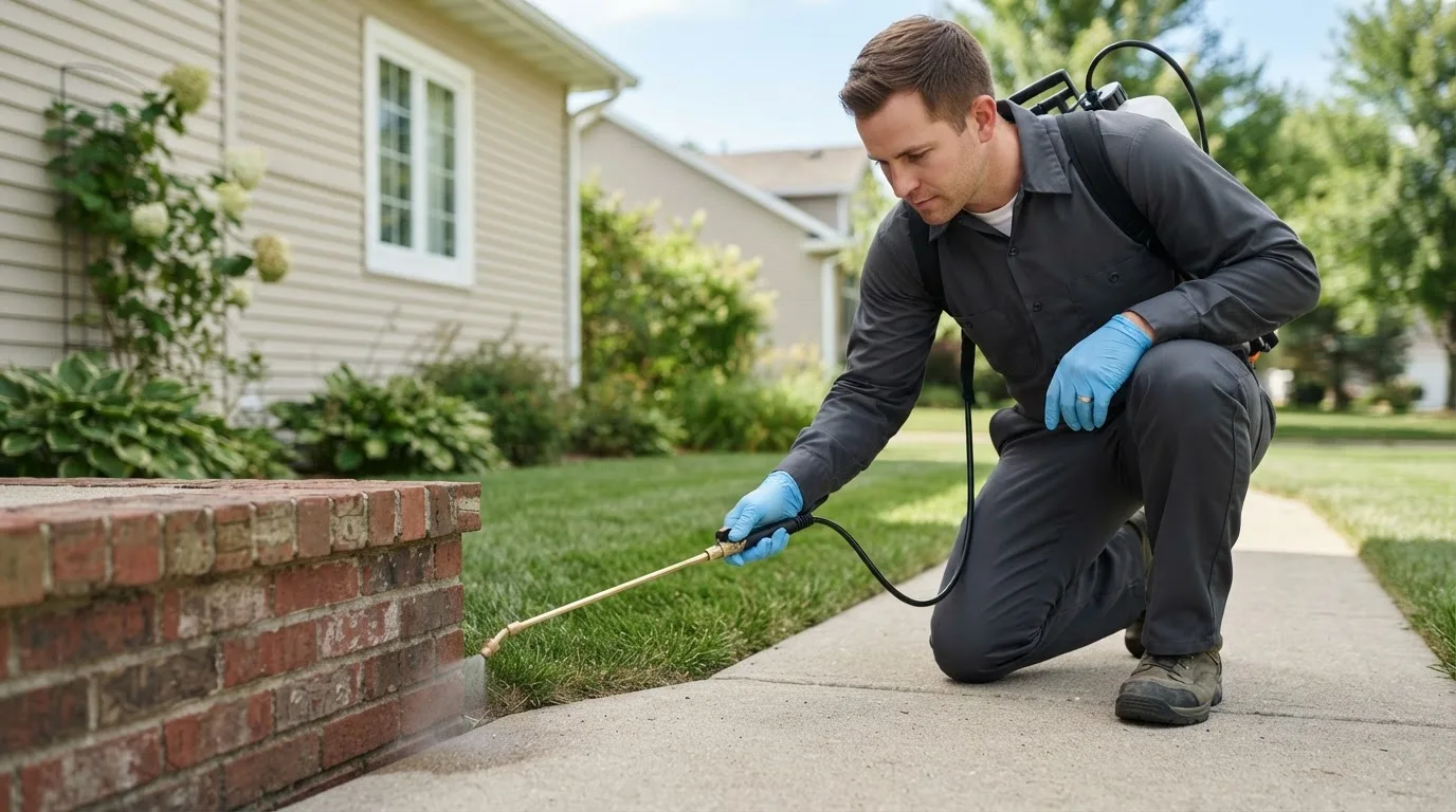 Pest control technician treating a home near Uriah, AL